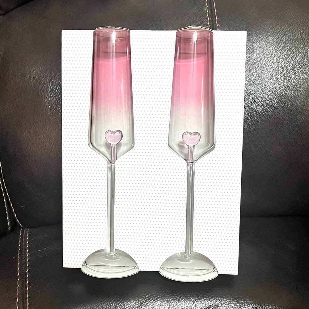 New! Tiktok Viral Cupcakes & Cashmere Set of 2 Pink Heart Flute Glasses